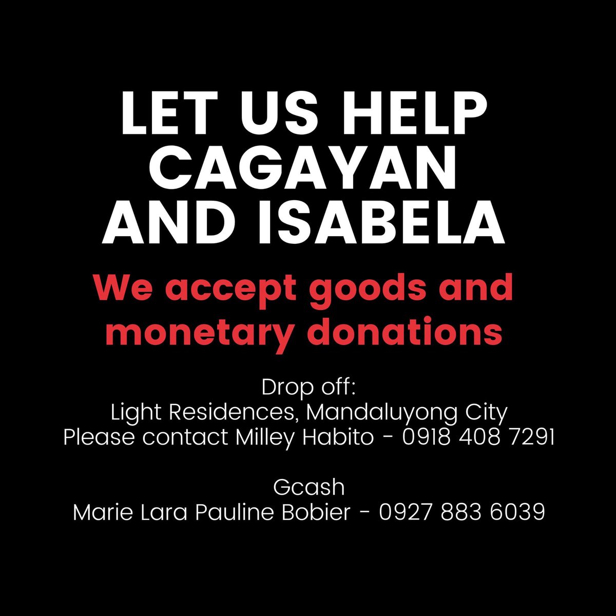 Hello friends! WE ACCEPT DONATIONS. We are targeting to deploy trucks tonight in partnership with our volunteer friends. 

For goods, we accept easy-open canned food, bottled water, instant noodles, medicine, rice, and face masks. #CagayanNeedsHelp #IsabelaNeedsHelp