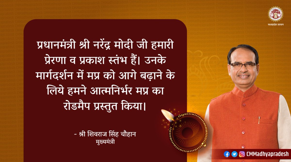 CMMadhyaPradesh's tweet photo. मुख्यमंत्री श्री @ChouhanShivraj ने कहा कि प्रधानमंत्री श्री नरेंद्र मोदी जी हमारी प्रेरणा व प्रकाश स्तंभ हैं। उनके मार्गदर्शन में मप्र को आगे बढ़ाने के लिये हमने आत्मनिर्भर मप्र का रोडमैप प्रस्तुत किया।

#CMMadhyaPradesh https://t.co/T3UciBesbW