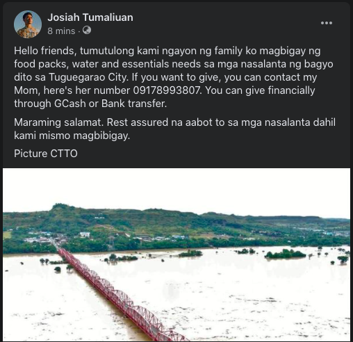 joshkopoewz's tweet photo. Hi friends tumutulong kami ngayon ng family ko magbigay ng food packs, water and essentials needs sa mga nasalanta ng bagyo dito sa Tuguegarao City. If you want to give, you can contact my Mom, here's her number 09178993807 You can give financially through GCash or Bank transfer https://t.co/fsrHOqDxX1