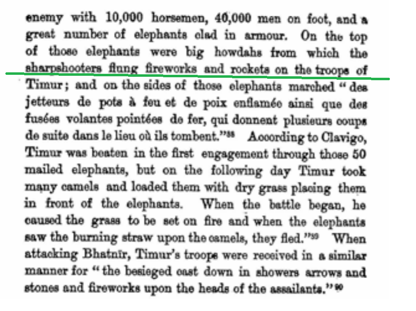 When Timur, the ancestor Abbu of Mughals invaded India in 1398 CE, Indian troops shot his army with rockets and fireworks.It shocked his troops and they were beaten in the initial engagement