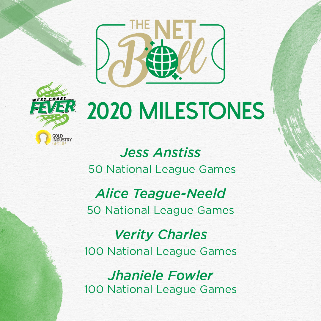 WestCoastFever's tweet photo. Fever was proud to celebrate a number of milestones this season. Congrats to Cosh and Kruta on their National League debut, Teague-Neeld and Anstiss for playing 50 National League Games and Charles and Fowler for reaching a whopping 100 National League Games. #TheNETBall https://t.co/uRxv44epwc