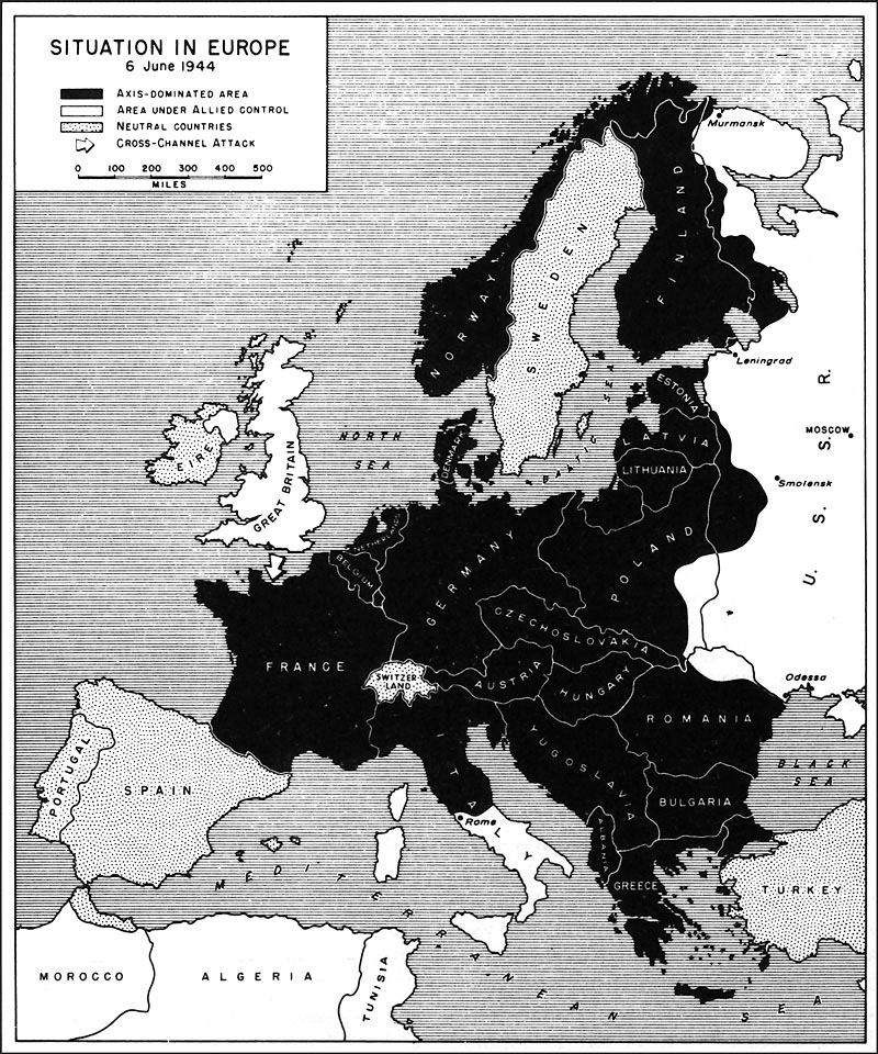 So, what was the Normandy invasion about? Let's look at a map of Europe from June 1944. Everything in black was Axis dominated. For those who need a refresher, the "Axis" were Germany, Italy, and Japan.