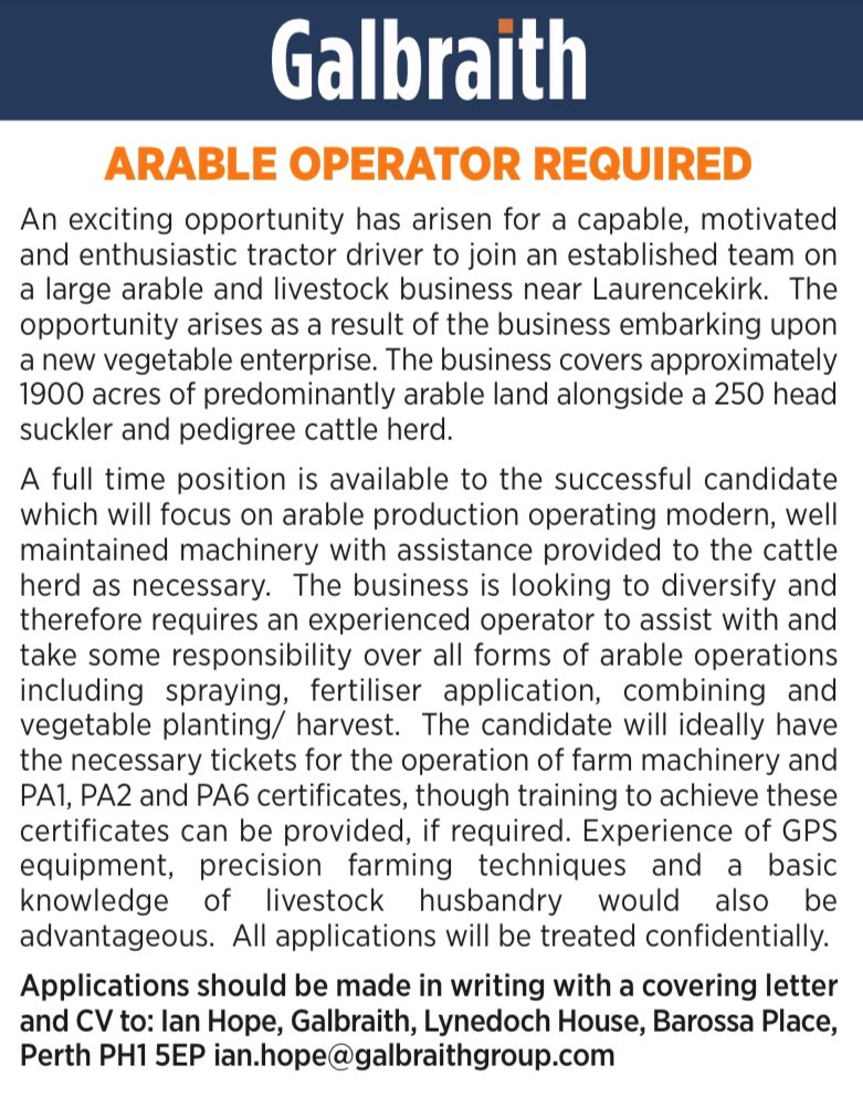 Galbraith_Rural's tweet image. ARABLE OPERATOR | An exciting opportunity has arisen to join a large arable and livestock business near Laurencekirk. 

See below for more information or contact @Galbraith_PTH 

#farmjobs #arableoperator #jobs #farm365