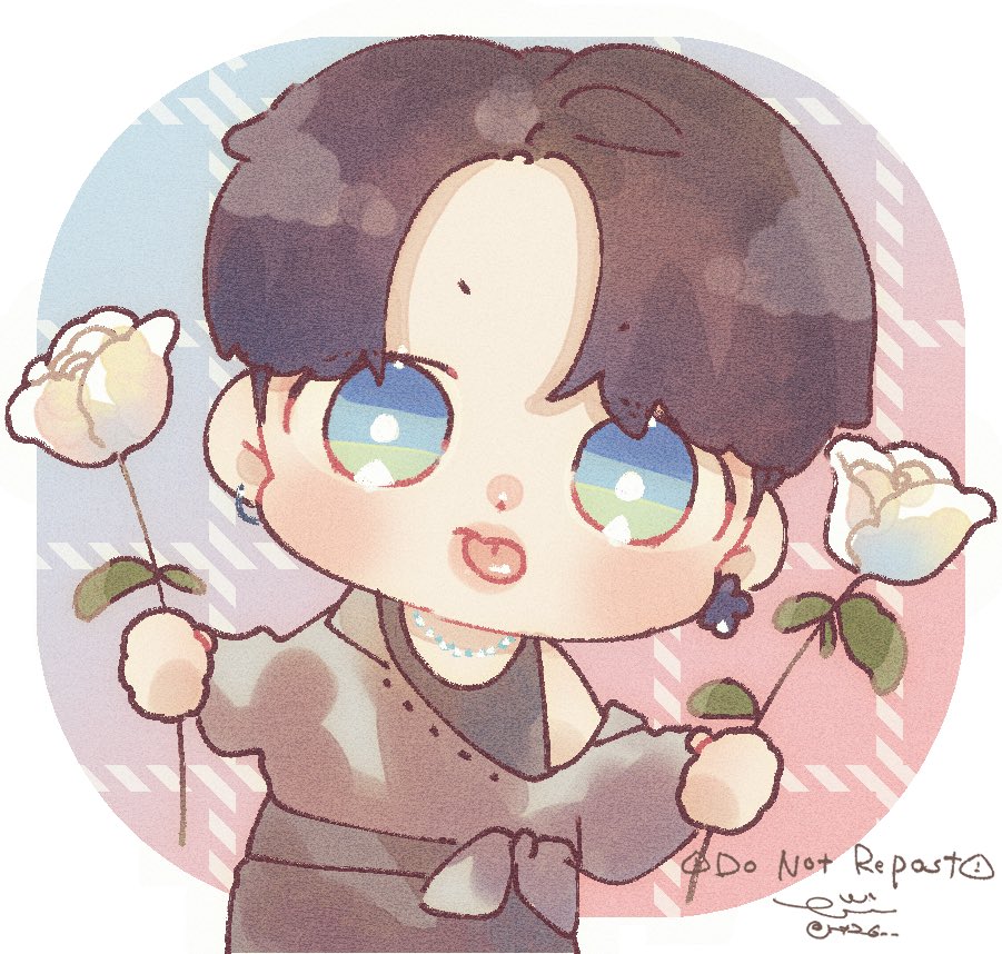 flower holding solo male focus 1boy jewelry chibi  illustration images