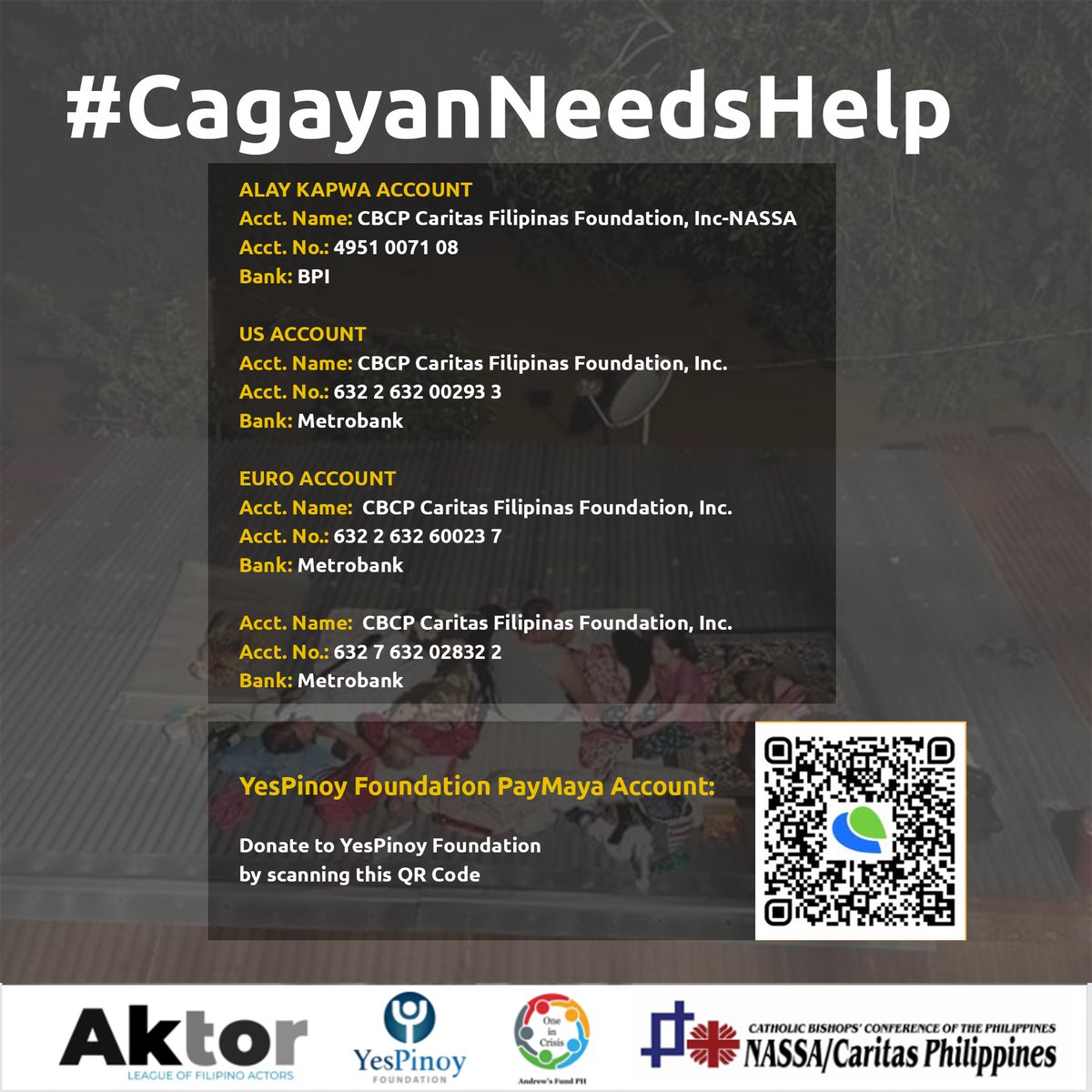 Hindi Pa Tayo Tapos.   

Habang tuloy tuloy ang pagtulong natin sa mga nasalanta ng sunod sunod na mga bagyo huwag tayong tumigil dahil ang mga kababayan naman natin sa Cagayan Valley ang kailangan ng tulong natin. Ngayon.   

#CagayanNeedsHelp #AktorPH

(1/2)