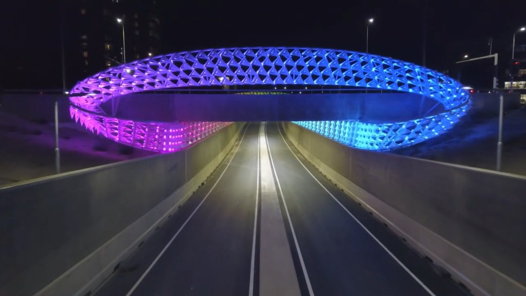 SignifyCompany's tweet photo. The De Zwerm underpass in Eindhoven doubles as an interactive art piece. Watch the video to see the light sculpture, designed by Frank Tjepkema and lit by @Signifycompany and @ColorKinetics, react to traffic and weather conditions. https://t.co/RBv2fChso9 #InteractLandmark https://t.co/vKU2USbNbt