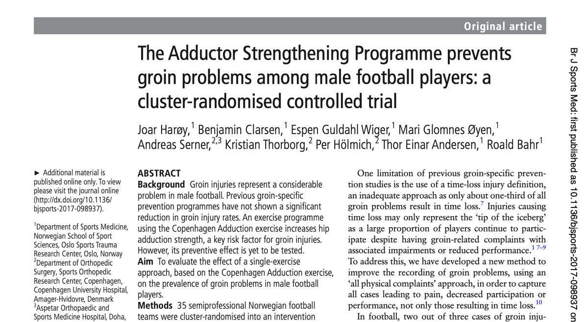 Physiotutors's tweet photo. Prevention of groin problems with the Copenhagen Adductor Exercise!

"The risk of reporting groin problems was 41% lower in the intervention group."

Open access 🔓
https://t.co/ZTZo4Dpqxa
@jharoey @benclarsen @aserner @kthorborg @perholmich @docthorandersen @roaldbahr @ostrc1 https://t.co/jeGSkTTN1h