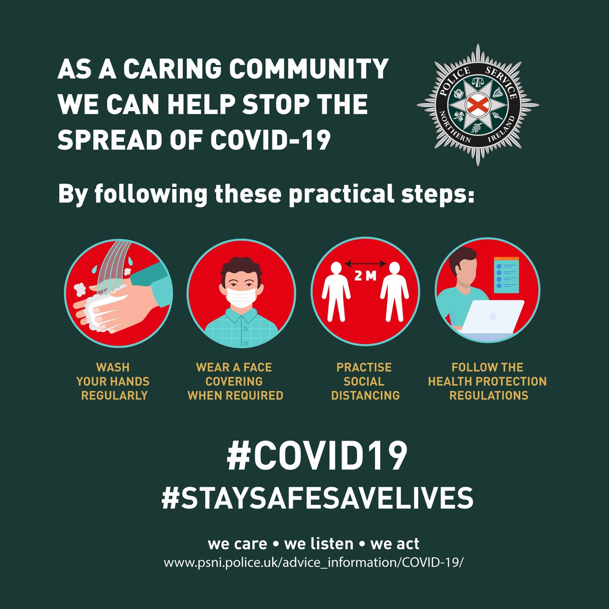 PSNIFermOmagh's tweet photo. During our patrols this weekend we will be encouraging all of you to follow the Health Protection Regulations to stop the spread of #COVID19. You can help by following the safety measures in place across retail and public spaces #StaySafeSaveLives https://t.co/EcubHmmHW6