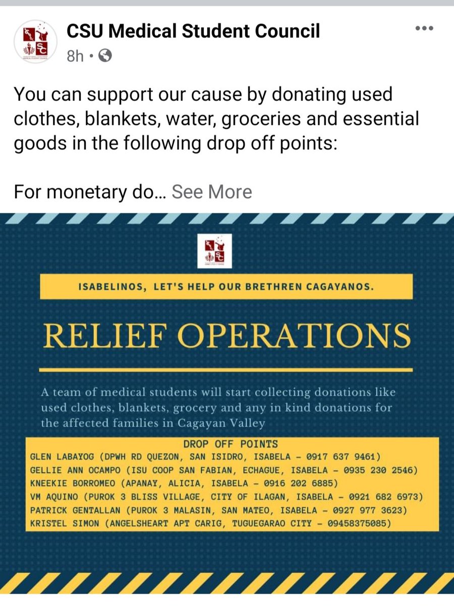 stanperthlay's tweet image. The CSU Medical Student Council are conducting relief operations drive for our fellow Cagayanos. You can support their cause by donating used clothes, blankets, water, groceries and essential goods in the following drop off points: 
#CagayanNeedHelp 
#CagayanValleyNeedsHelp