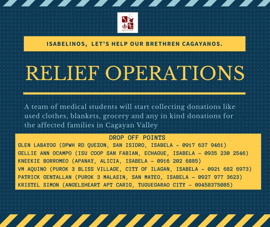 stanperthlay's tweet image. The CSU Medical Student Council are conducting relief operations drive for our fellow Cagayanos. You can support their cause by donating used clothes, blankets, water, groceries and essential goods in the following drop off points: 
#CagayanNeedHelp 
#CagayanValleyNeedsHelp