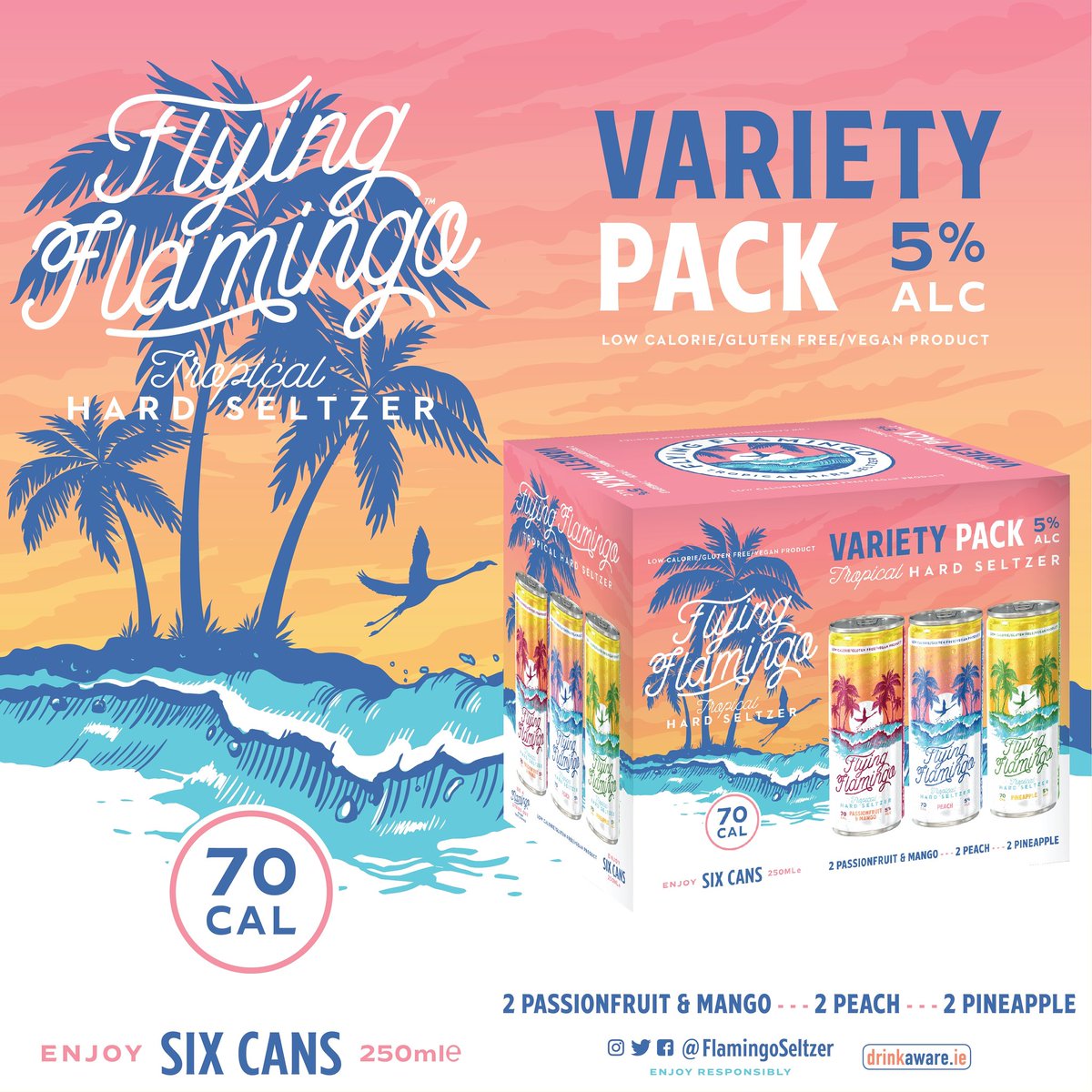 Our Flying Flamingo Variety packs land in <a href="/SuperValuIRL/">SuperValu Ireland</a> and <a href="/CentraIRL/">Centra Ireland</a> this week! 🦩
This includes our brand new flavour; Passionfruit and Mango! 🦩🦩

#drinkaware #flyingflamingoseltzer #flamingoseltzer