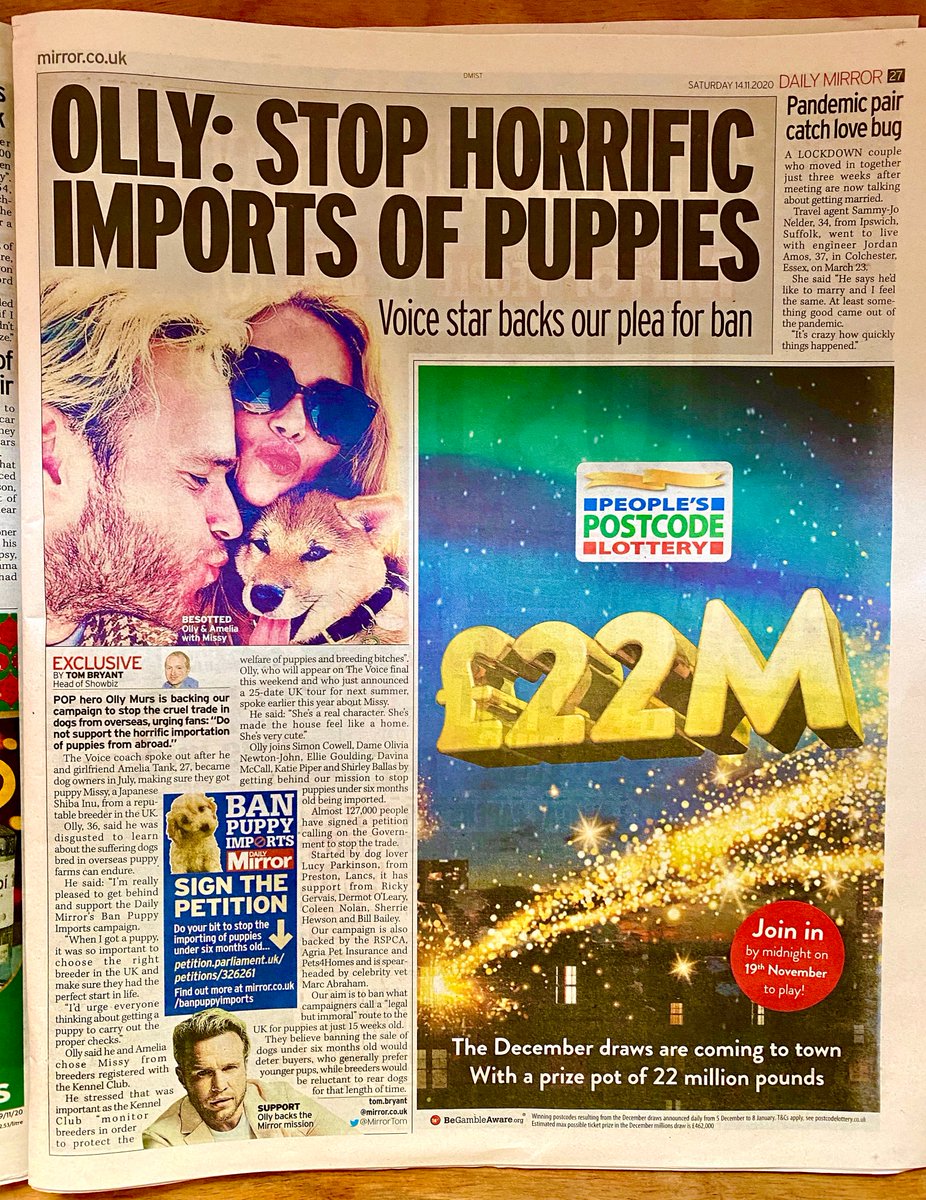 Massive THANKS pop legend <a href="/ollymurs/">Olly Murs</a> &amp; pup Missy for supporting the campaign to ban the "horrific" legal import of sick pups from cruel overseas puppy farms. Thanks <a href="/MirrorTom/">Tom Bryant</a>/<a href="/DailyMirror/">The Mirror</a> too! Full article with petition link to sign/share: mirror.co.uk/3am/celebrity-… #BanPuppyImports