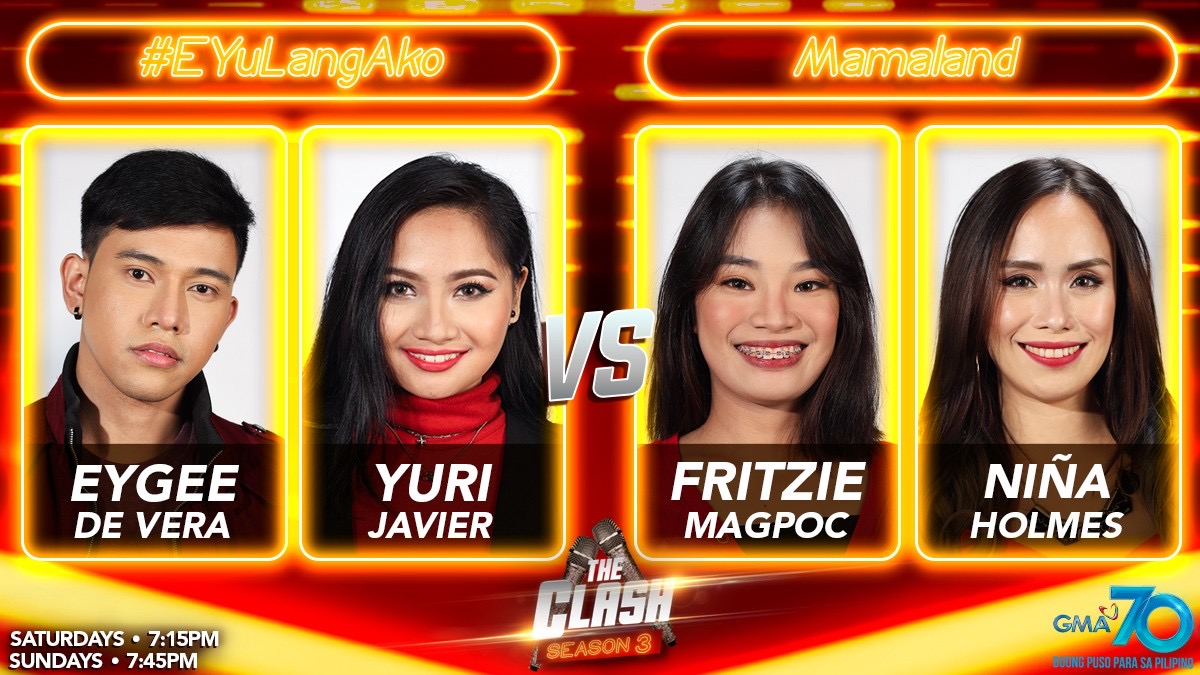 TheClashGMA's tweet photo. Ang pares na maglalaban ngayong gabi: #EYuLangAko (Eygee and Yuri) vs Mamaland (Fritzie and Niña)!

#TheClashMatiraAngMatibay https://t.co/UOlPXVsRDR
