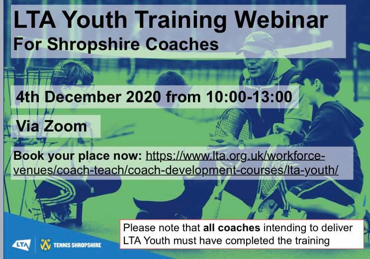 🎾Calling all coaches🎾

LTA Youth Training Webinar on December 4 between 10am and 1pm - via Zoom

Book your place now lta.org.uk/workforce-venu…

Please note that all coaches intending to deliver LTA Youth Training must have completed the training.