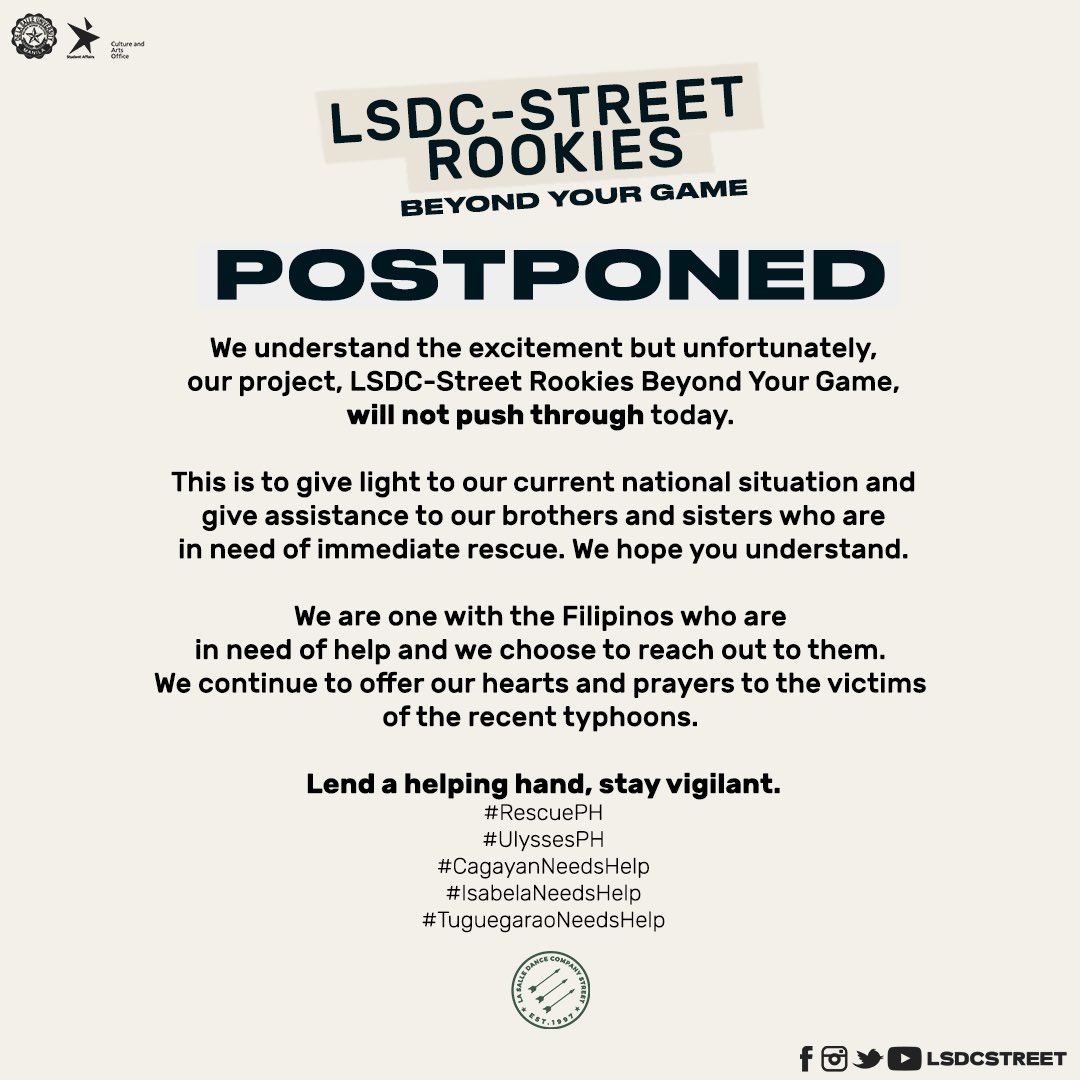 lsdcstreet's tweet photo. Thank you to everyone who continues to support us! We'll be back soon. For now, let us lend a hand and help our brothers and sisters who have been affected by the recent typhoons.

#RescuePH
#UlyssesPH
#CagayanNeedsHelp
#IsabelaNeedsHelp
#TuguegaraoNeedsHelp https://t.co/1on0fIV1fI