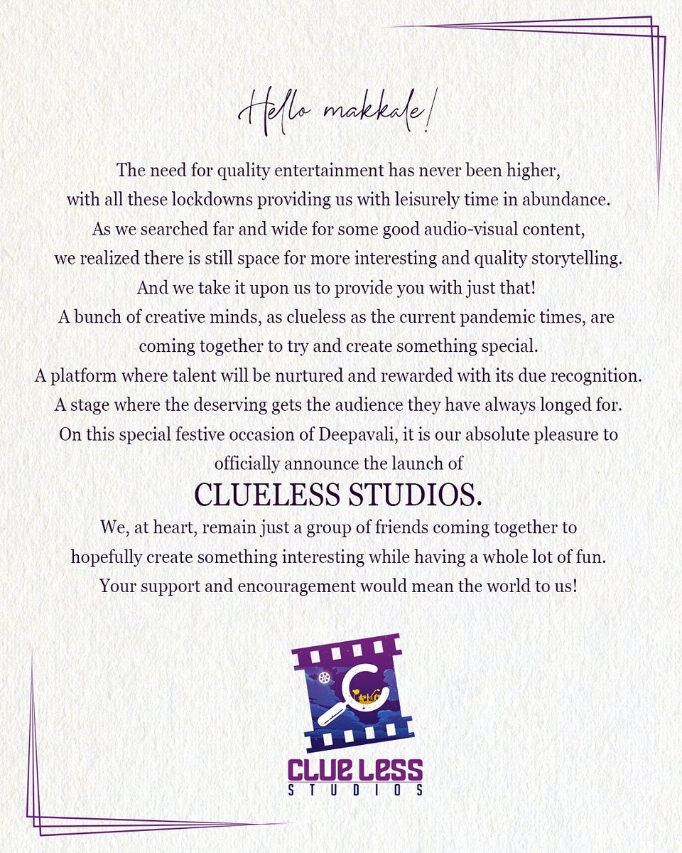sasi080494's tweet photo. Hello Makkale☺️!!

Our first step towards the entertainment industry along with some like minded people. We are very much delighted to introduce you all to our new venture called "CLUELESS STUDIOS" - A Production Company on this joyful Diwali occasion. Need all your  support ❤️ https://t.co/AxkWP99ASd