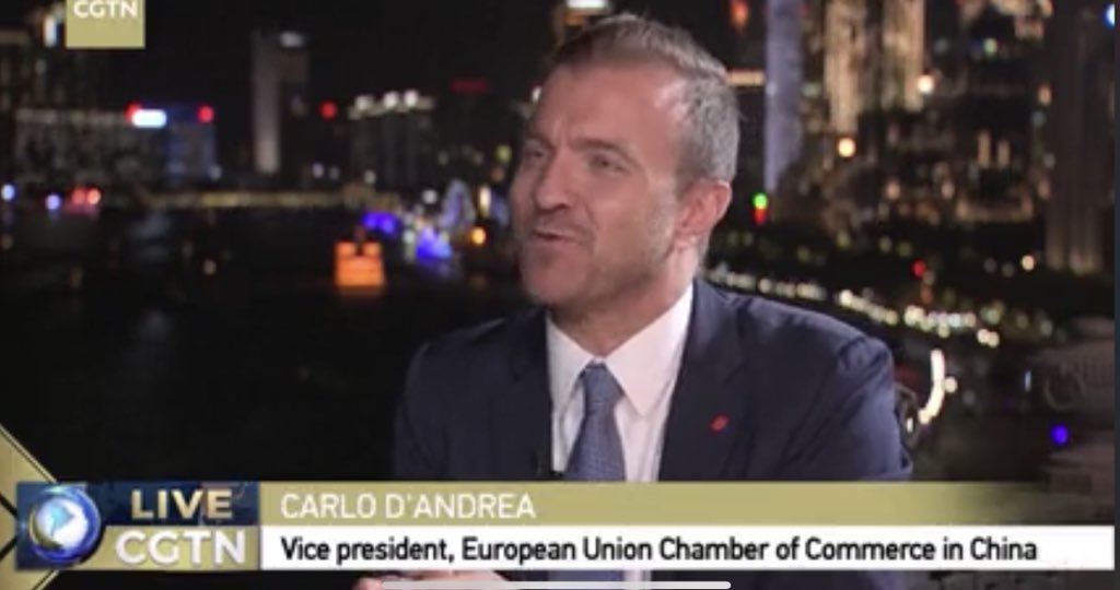 DAndreaCarloD's tweet photo. Presenting our Shanghai Position Paper on National TV channel #CGTN. Thanks @JianhuaLi4 and #China24 for having us. To watch the interview please follow the link https://t.co/jooP4r7E5K @EuropeanChamber https://t.co/kOsp4nIe5h