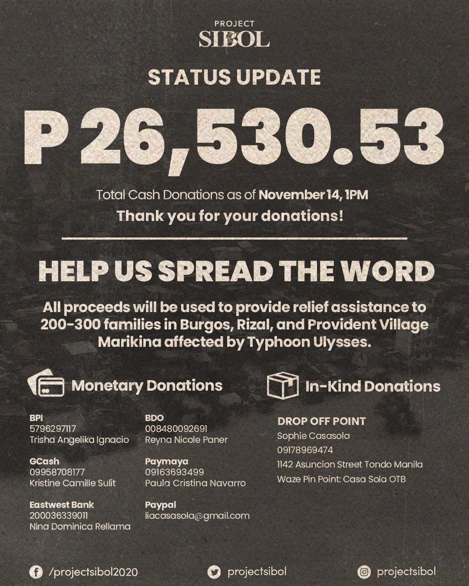 projectsibol's tweet photo. โ ๏ธ TRANSPARENCY UPDATE โ ๏ธ
As of 1PM today, we have gathered P26, 530.53 total cash donations. This will be used to purchase essential goods for the victims of #UlyssesPH in Burgos, Rodriguez, Rizal and Provident Village, Marikina.
#ProjectSibol
#NagsamaParaSaBayanAtPelikula https://t.co/MA7b0HXIri