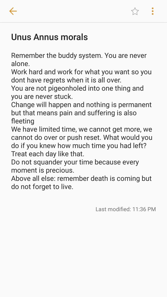 paperellasara's tweet photo. I made a brief list of morals and lessons I learned from Unus Annus, and I thought it might be nice to share it, so that maybe other people could add onto it. #MementoMori #UnusAnnus #UnusAnnusisoverparty https://t.co/1abmHaEKyZ