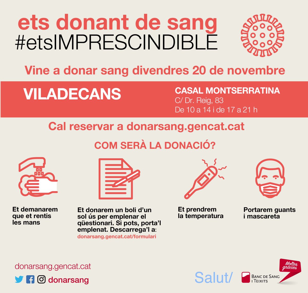 📅 El divendres dia 20 la teva ajuda pot ser vital a moltíssima gent.
💻 Reserva la teva hora a donarsang.gentcat.cat i vine a donar sang! 🩸
📍T'esperem al casal Montserratina de 10 a 14 h i de 17 a 21 h. ⏰
Converteix-te en un superheroi, fes-te donant.
#etsImprescindible