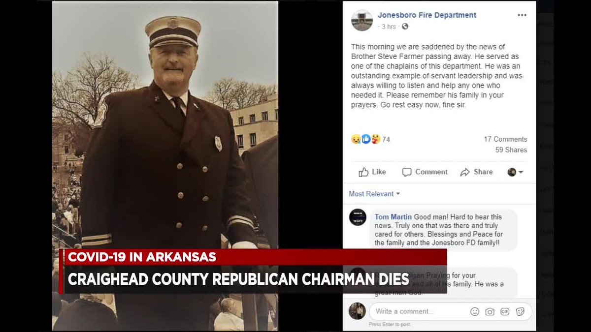 Craighead County Arkansas Republican Party Chairman Steven Farmer died from COVID-19. Farmer had reportedly been in the hospital battling the disease for weeks and placed on a ventilator.  @GOP  https://talkbusiness.net/2020/10/craighead-county-gop-chair-dies-from-covid-19/