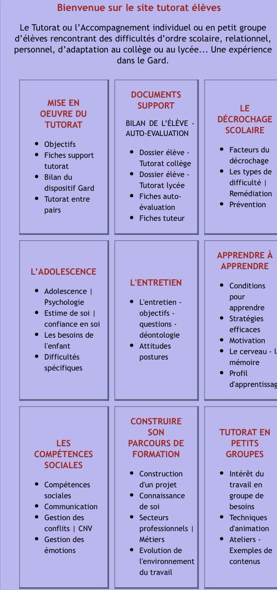 Pépite 💜💙💜
Ce site, dédié à des outils concret de mise en place de tutorat, rassemble aussi de très nombreuses ressources sur le développement des compétences psychosociales et sur les stratégies d’apprentissage 👍 
Merci du partage ⁦<a href="/EtreProf/">ÊtrePROF</a>⁩ tutorat-eleves.fr