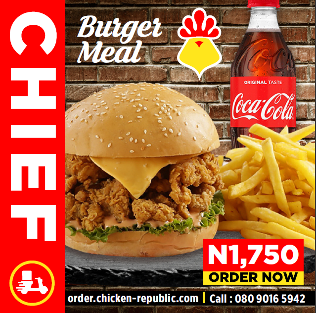 ChickenRepublic's tweet photo. Hey Citizens!
You can earn the Chief title today by getting a Chief Burger Meal. Visit https://t.co/uDExofg14o or call +2348090165942 for delivery.
#ChiefBurgerMeal #SaturdayDelight #WeekendSpecial #Enjoyment #Food #Meals #Delivery #FoodDelivery #Plenty #ChickenBurger #Burger https://t.co/velEbSOJBy