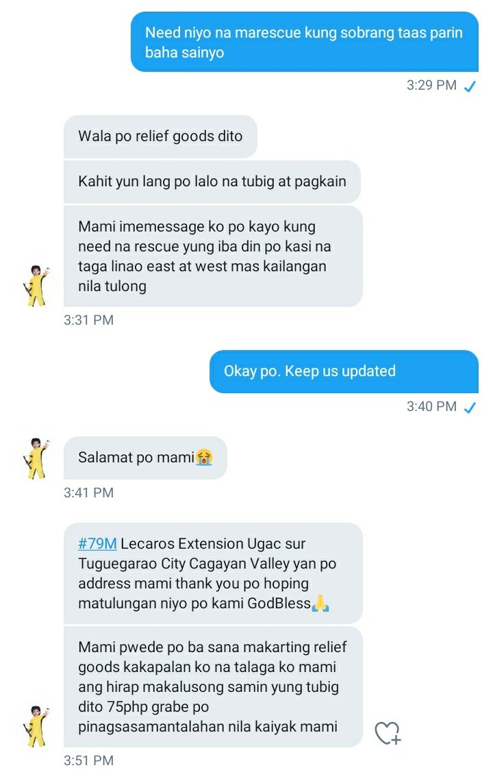 BobohusKyungja's tweet photo. Hello nacontact na po namin sila ulit and they are asking for help po
Ito po location nila
#79M Lecaros Extension Ugac sur Tuguegarao City Cagayan Valley
#CagayanNeedsHelp
#TugegaraoNeedsHelp
#IsabelaNeedsHelp
#RescueCagayanValley
#RescuePH https://t.co/9p8GDz0521