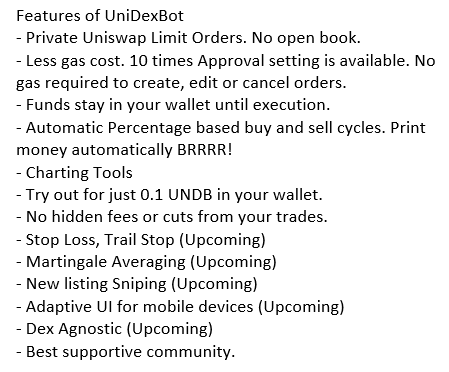 unidexbot's tweet photo. Features of UniDexBot $UNDB

#defi #undb #Uniswap #unidexbot https://t.co/lYiCnfzIW6