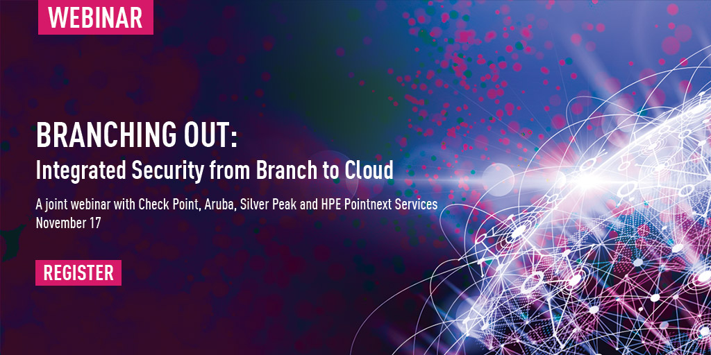 CheckPointSW's tweet photo. Connecting #branch offices to the cloud securely is imperative. Join the webinar featuring Check Point, @ArubaNetworks, @SilverPeak and @HPE #Pointnext Services on Nov 17. https://t.co/283hdLryip https://t.co/o1tCaBCHcx