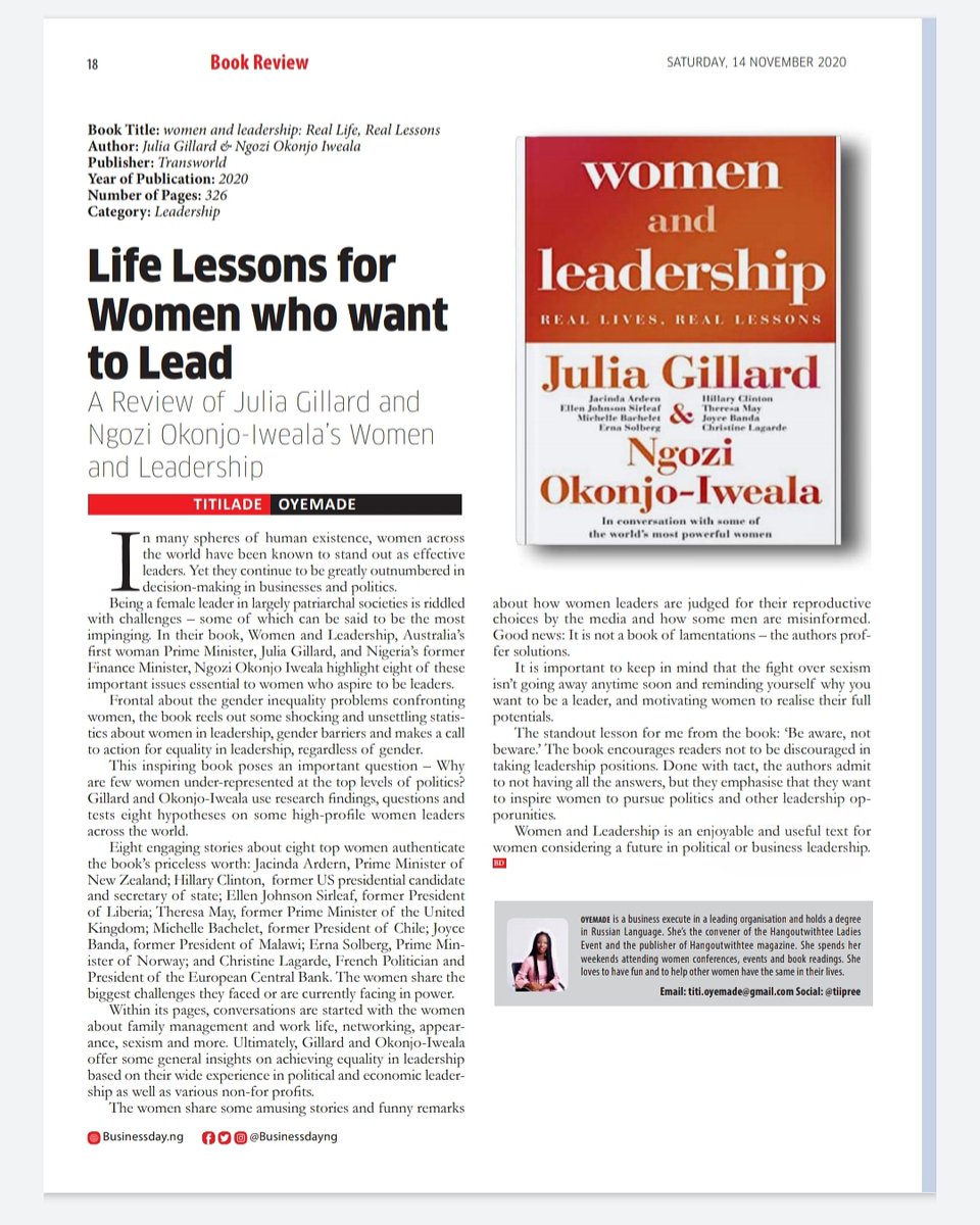 tiiPREE's tweet photo. Today's Book Review 
Title: Women and Leadership  Authors: JuliaGillard and Ngozi Okonjo Iweala #businessdayweekender https://t.co/Y6o1JD8xPU