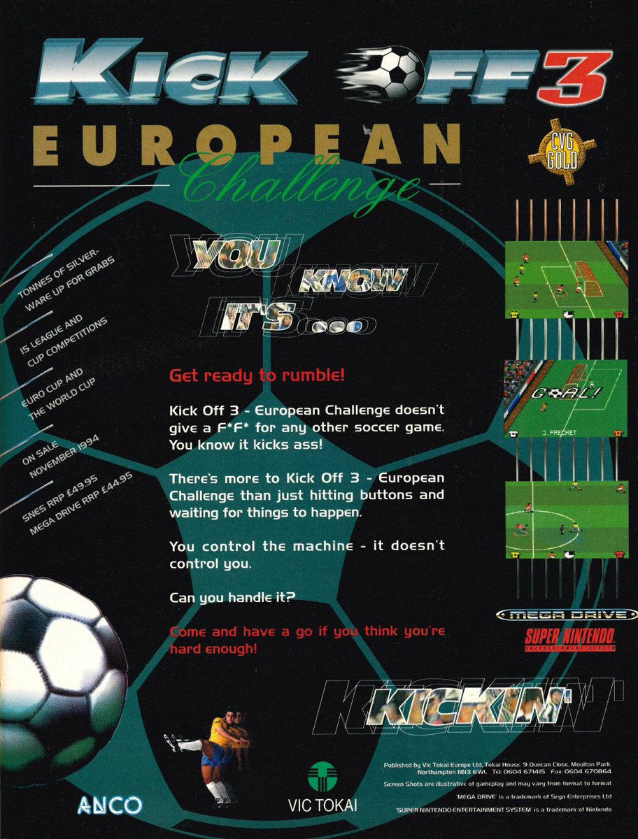 TakodanTweets's tweet image. Advert for 'Kick Off 3: European Challenge' by #Anvo #VicTokai for #Sega #Megadrive and #Nintendo #SNES