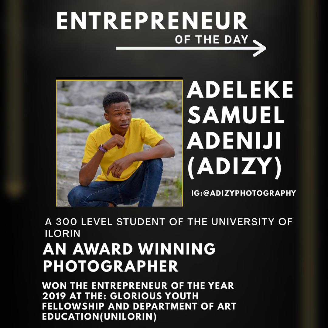 NYFEWofficial's tweet photo. Emerging Personality of the Week
Adeleke Samuel Adeniji (aka Adizy) @adizyphotography is a student of the University of Ilorin and a photographer.
#nyfew #nyfewprojectmake #nyfewofficial #entrepreneuroftheweek #projectmakeme https://t.co/0ICqvMgK1E