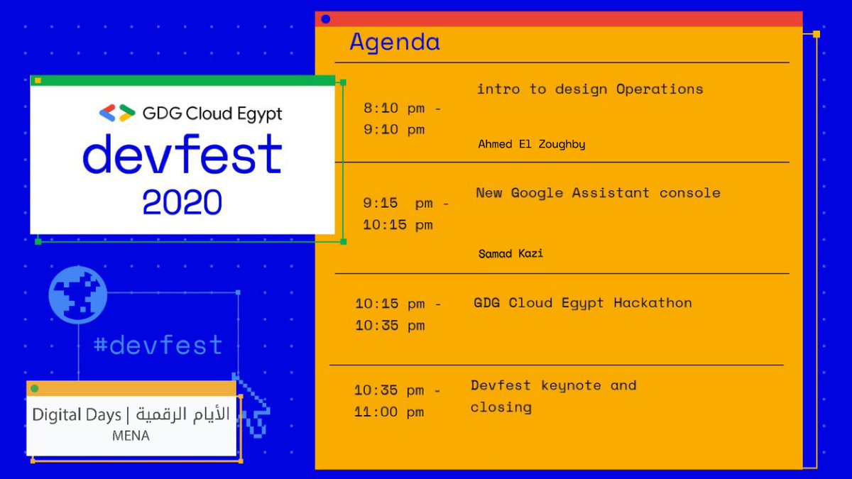 Ready for GDG Cloud Egypt #DevFest Day 2!! 😎
Join us tonight at 8:00 PM (Dubai Time), 6:00 PM (Egypt Time)

youtu.be/HdP_pmHT8C4
<a href="/Abdessamad_kazi/">Samad Kazi</a> <a href="/AZoughby/">A.Z.</a> 
#DevFest2020
#DevFest
#DSCEgypt
#DSCBatna
#GCDCEgypt
#DeveloperStudentClubs