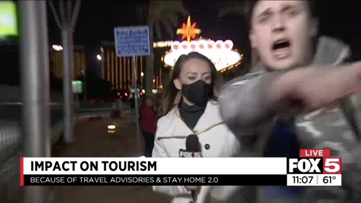 Tonight, I was going live outside of the Welcome to Las Vegas sign. Unbeknownst to me, a young man was off to the side, waiting for me to go live. As soon as he saw his moment he ran over, pushed me aside and started yelling & swearing into our camera.