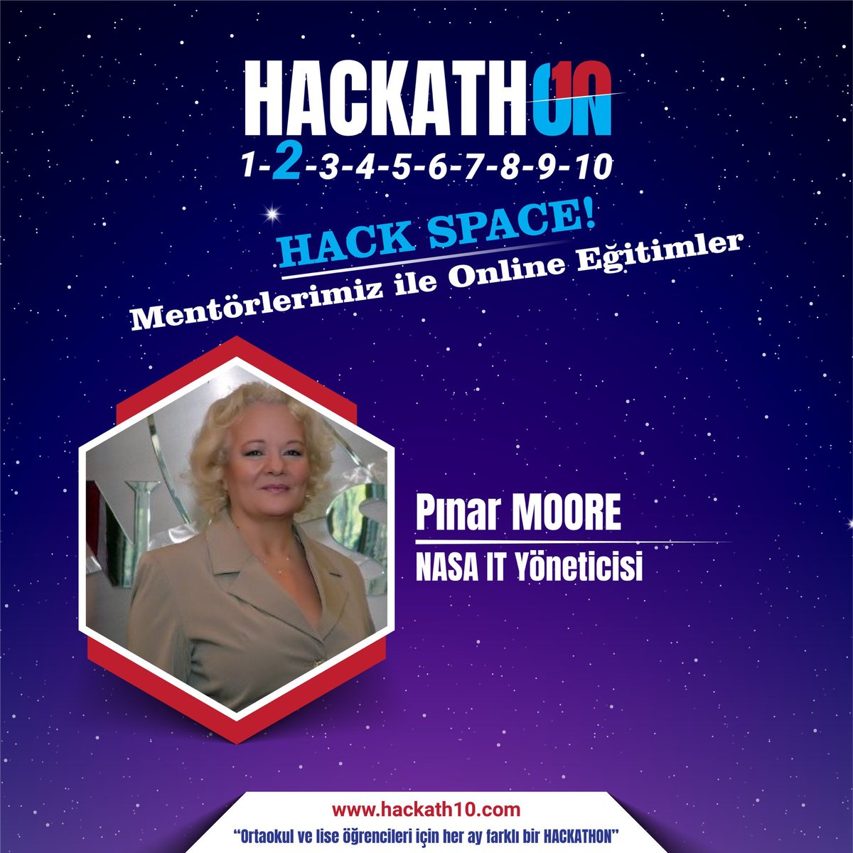 10 ay sürecek her ay farklı konuda projelerin yapıldığı, farklı mentörlerin takımlarla buluştuğu #hackath10 serisinde 2.ayın konusu #HackSpace bu akşam 19:00’da  <a href="/NASA/">NASA</a>’dan Pınar Moore öğrencilerle buluşuyor. İzlemek için youtube.com/channel/UCR3rQ… <a href="/hackath10/">Hackath10 / Hackathon</a> hackath10.com