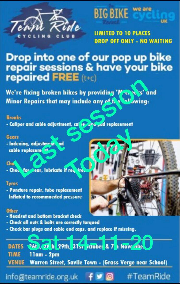 teamRIDE1's tweet photo. The last of our @WeAreCyclingUK Dr Bike sessions today. 
It’s been a pleasure delivering these sessions and seeing all the #happy faces when their #bikes have been #repaired &amp; #PumpedUpToCycle. https://t.co/cVHJblFgy5