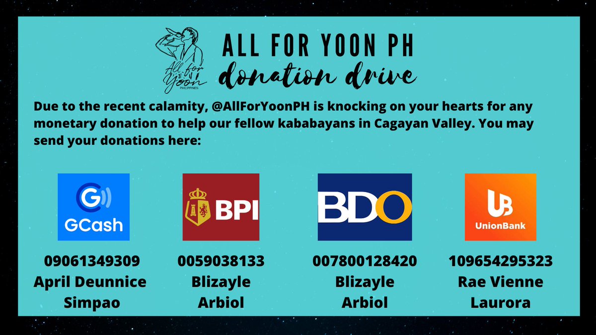 AllForYoonPH's tweet photo. 📢 𝐀𝐥𝐥𝐅𝐨𝐫𝐘𝐨𝐨𝐧𝐏𝐇 𝐃𝐨𝐧𝐚𝐭𝐢𝐨𝐧 𝐃𝐫𝐢𝐯𝐞 ‼️

Cagayan Valley is in dire need of help! Calling our generous ICs for any monetary donation.

Kindly fill up the form after donating:
https://t.co/gJIxPjS2si

#CagayanNeedsHelp 
#UlyssesPH https://t.co/tuAFTsGJTC
