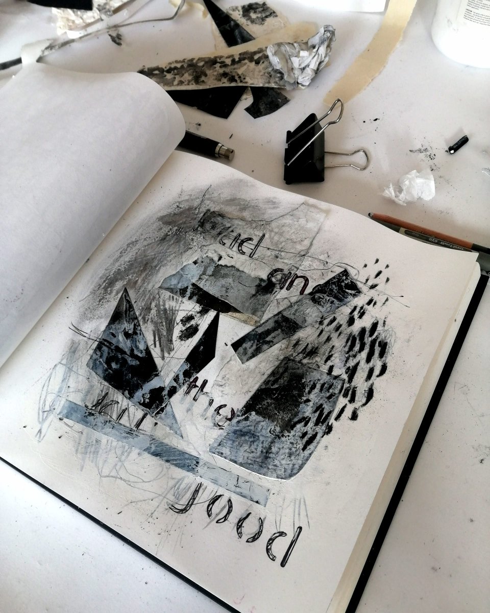 Sarahballartist's tweet photo. A page a day...continuing the journey in my "noir book". #collage #paintedpapers #markmaking #words #thoughts #thegoodandthebad #graphite #charcoal #lockdownproject #untidystudio #halfway https://t.co/SExEV6LQ8m