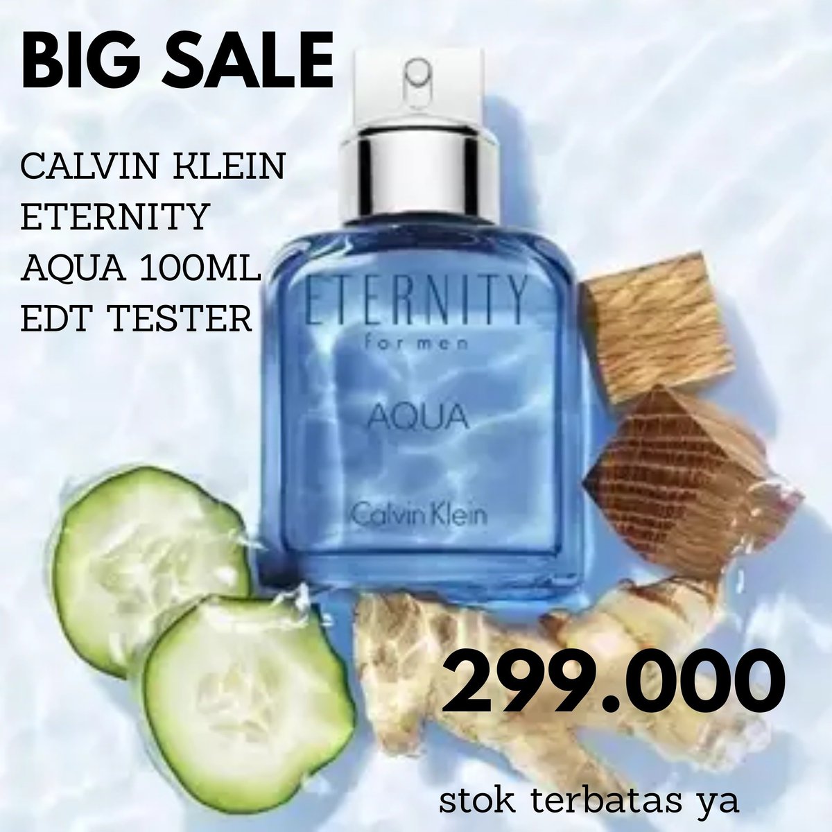 DESKRIPSI :
============
PERFUME BRAND : CALVIN KLEIN
TYPE : ETERNITY AQUA
JENIS : EAU DE TOILETTE (EDT)
GENDER : MEN
SIZE: 100ML ( *DUS TESTER* ) 
CONDITION : BRAND NEW 100% ORIGINAL
MADE IN U.S.A