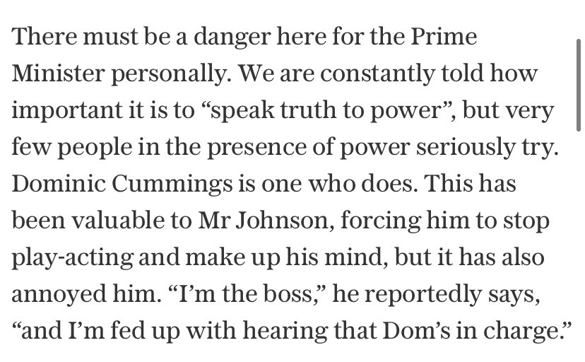 Worth reading Charles Moore - one former  @BorisJohnson boss who is still loyal to him, but without being unaware of his failings. Full of personal and political insights...starting with why he needed  #cummings to counteracted the prevarication... 1/ https://www.telegraph.co.uk/news/2020/11/13/dominic-cummings-goneboris-dangerously-exposed/