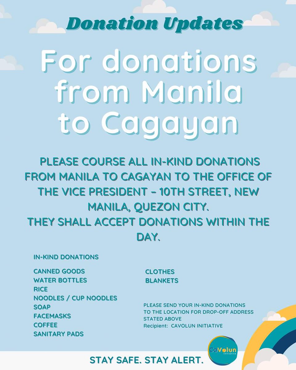 If you're from Manila and you wish to send your donations here in Cagayan the office of the Vice President is open, we have contact there. 

PLS RT!! ❤ #CagayanNeedsHelp #BangonLambak