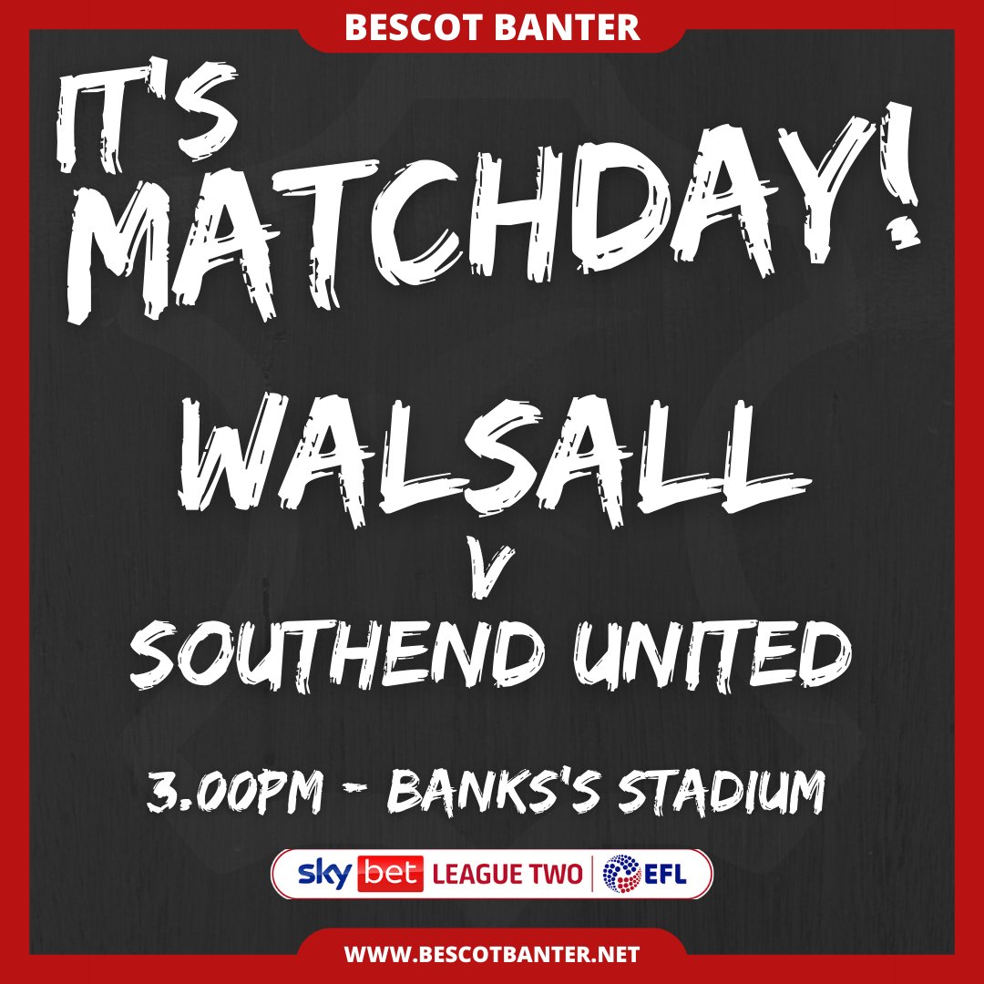 BescotBanter's tweet photo. ๐
IT'S MATCHDAY!
๐ @SUFCRootsHall
๐ Sky Bet League Two
โ 3.00pm
๐ Banks's Stadium, Walsall
#WALSOU #WalsallFC #Saddlers #SUFC #Blues https://t.co/RTzv5yQu9y