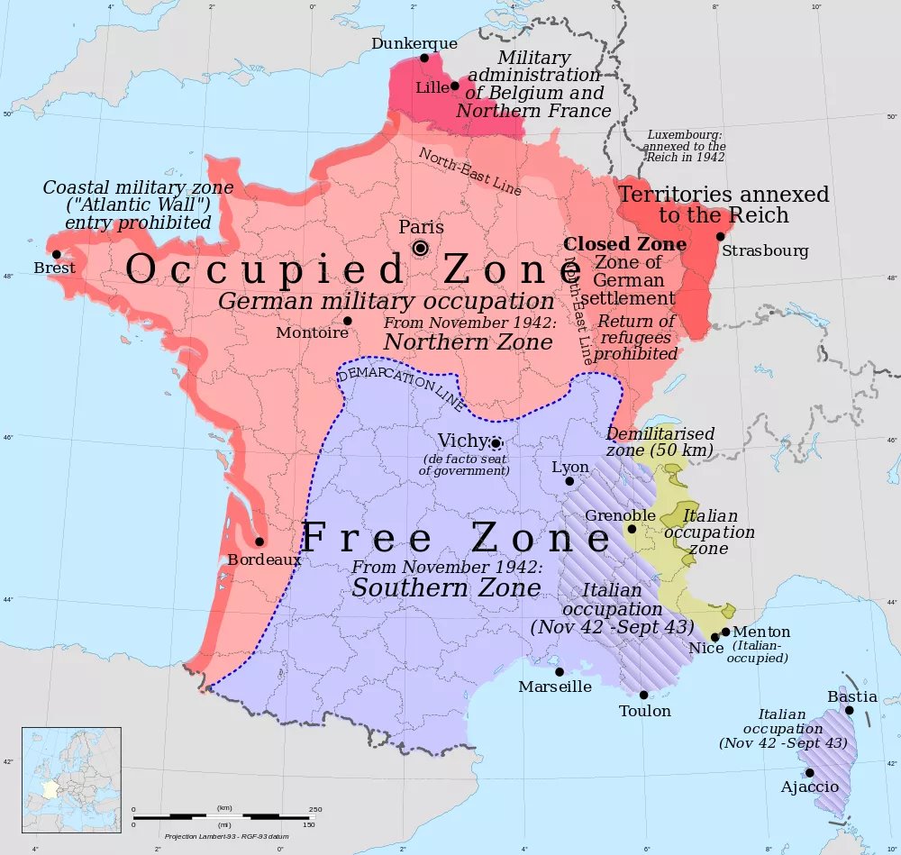 Admittedly, that map is a bit deception. By June 1944, Italy was already a very minor player. Most of the "Axis dominated area" was "German dominated".That includes France.