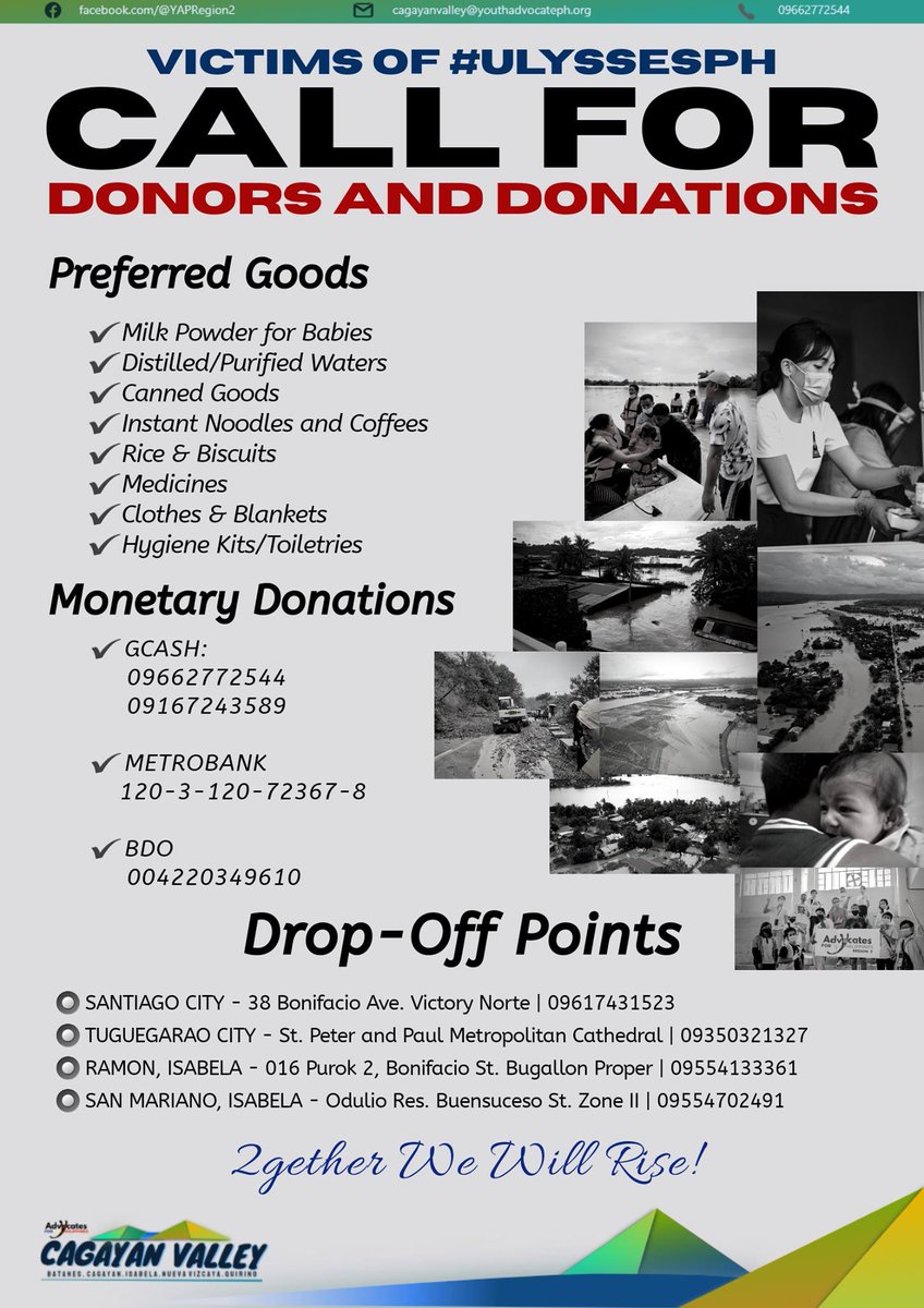 PAWA_Official's tweet photo. Youth Advocates for the Philippines - Region II is holding monetary and drop-in donations for those affected in the Cagayan flooding. You can donate via the account details in the picture attached. Full story via Facebook: https://t.co/bzn1tlb0rh

#BangonCagayan #UlyssesPH https://t.co/0kjkiO5F67