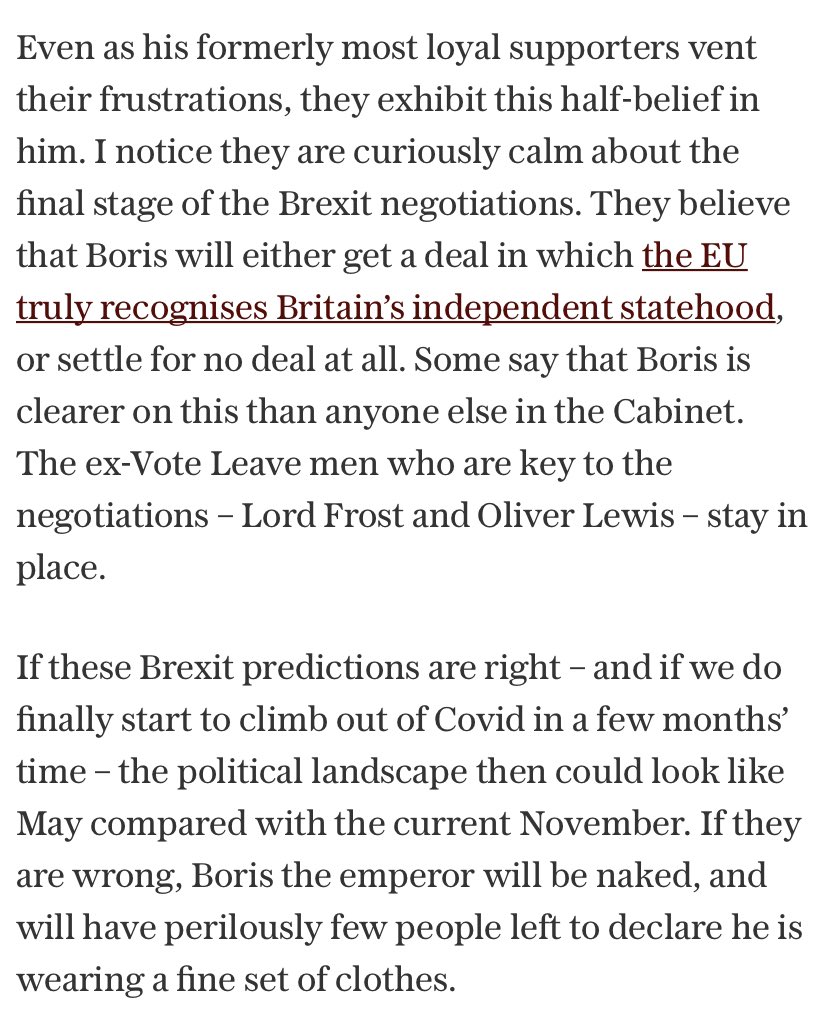 But on a clean-break  #Brexit Moore sees Johnson ploughing on (and fwiw I have heard same) which is why David Frost and Cummings’s  #Brexit eyes and ears Oliver Lewis are staying. /4