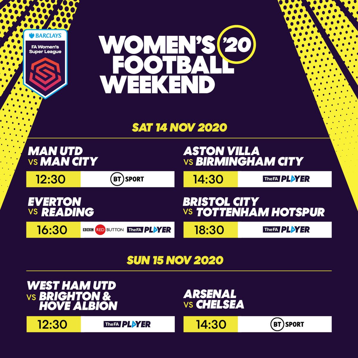 SHCFA's tweet photo. With Barclays FA WSL and FA Women’s Championship fixtures behind closed doors, we are calling on supporters to show their support for the women’s game and tune into the live fixtures being broadcast on BT Sport, BBC, The FA Player and club channels ⚽ 👧 
#WomensFootballWeekend https://t.co/t40JDalpaB
