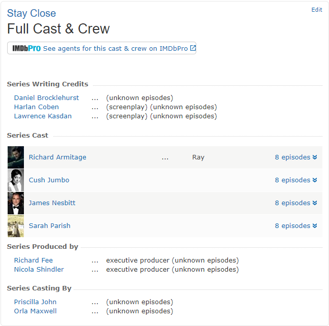 #StayClose has its IMDb page. 
Filming tentatively scheduled to start in February 2021. 
#RichardArmitage #CushJumbo #JamesNesbitt #HarlanCoben #RedProduction #DanielBrocklehurst #NicolaShindler #Netflix #NetflixUK 

imdb.com/title/tt220122…