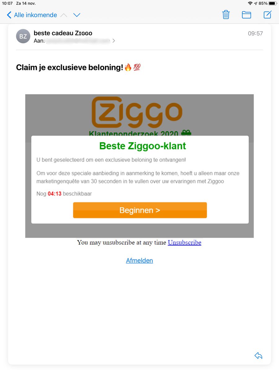 Mooi man, cadeau van Ziggo op een slapend e-mailadres om m’n ervaringen met Ziggoo(?) te delen. Bijzonder dat het boefjesgilde na jaren oefenen nog steeds moeite heeft met correct schrijven van namen. Overigens vind ik de dienstverlening van Ziggo top! #ziggo #phishing