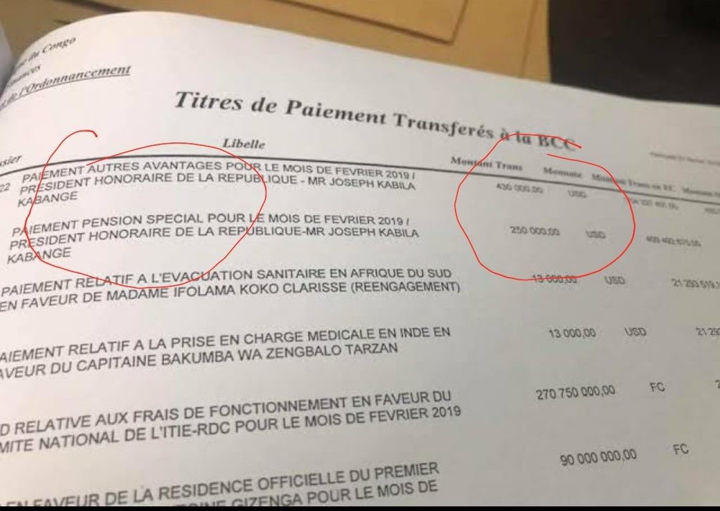 juantedbelkas's tweet photo. Dans ce document il est clair que Le Président honoraire Joseph Kabila a touché au mois de février sur le budget 2019 : 
1.Autres avantages :430 000$
2.Pension spéciale : 250 000$ 
Ce qui fait un total 680 000$ le mois,il me semble que Monsieur Sele  s’est trompé ou a menti hier. https://t.co/b4ImyfI6oR
